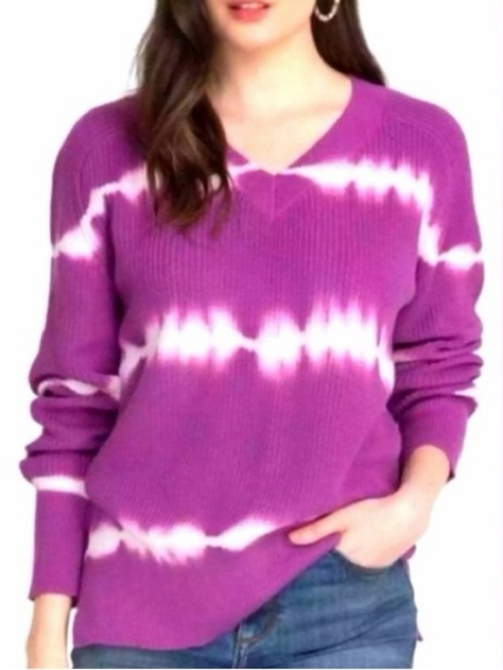 Johnny Was Purple & White Tie-Dye V-Neck Cotton Sweater, Size Medium